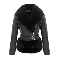 giolshon 2021 new winter women jacket thick warm faux suede coat with belt faux fur collar pu leather jackets outwear
