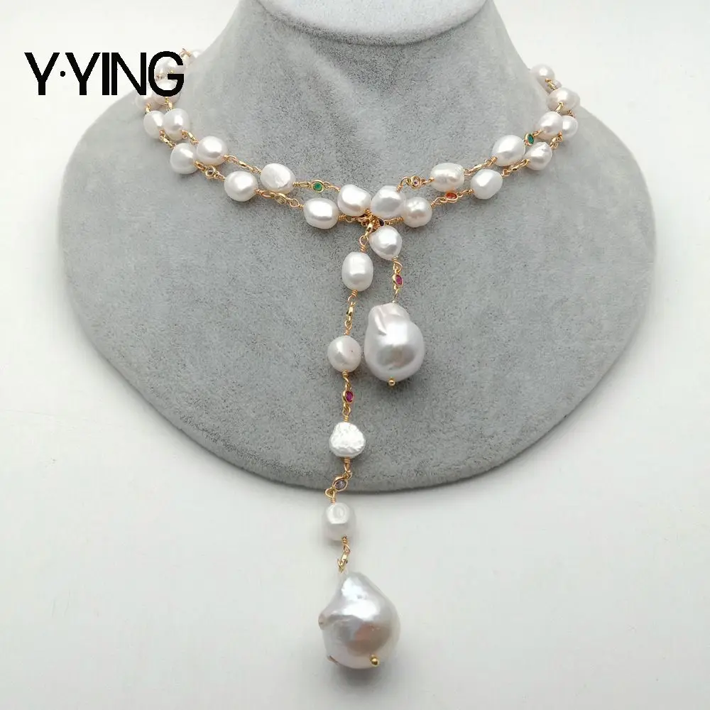 Y·YING 128cm Freshwater White Keshi Pearl white baroque pearl Mixed Color Cubic Zirconia  Pave Chain Long Necklace women jewelry
