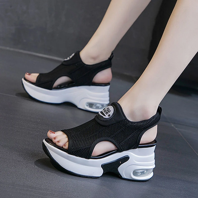 Retro Black Mesh Platform Sandals Korean Peep Toe Hollow Wedges Heighten Shoes 8cm 2022 Summer Non-Slip Air Cushion Tennis Shoes
