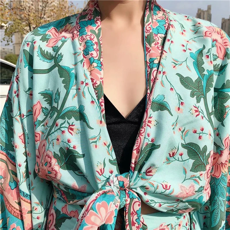 Женское Короткое Кимоно Boho винтажное кимоно с цветочным принтом и поясом новинка