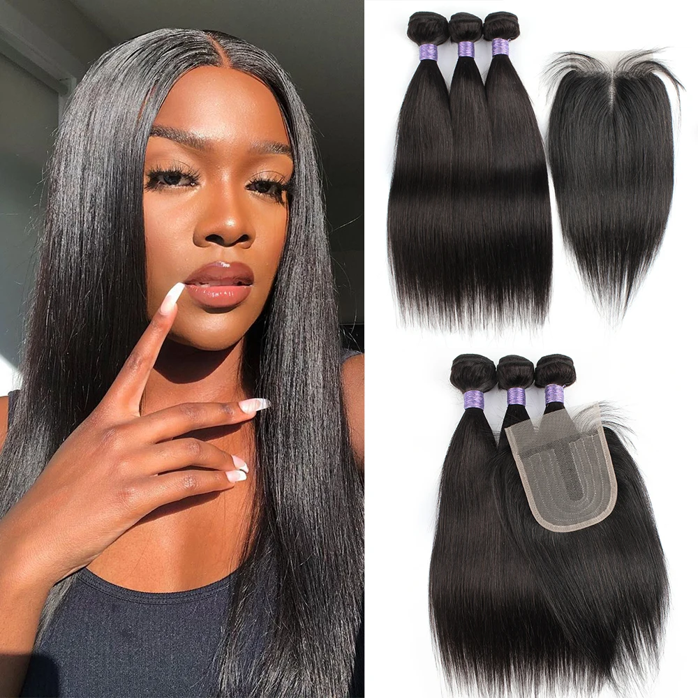 Hair Bundles With Closure Straight 200g/set Brazilian Human Hair Middle Part 4x4 Closure With T Type Lace