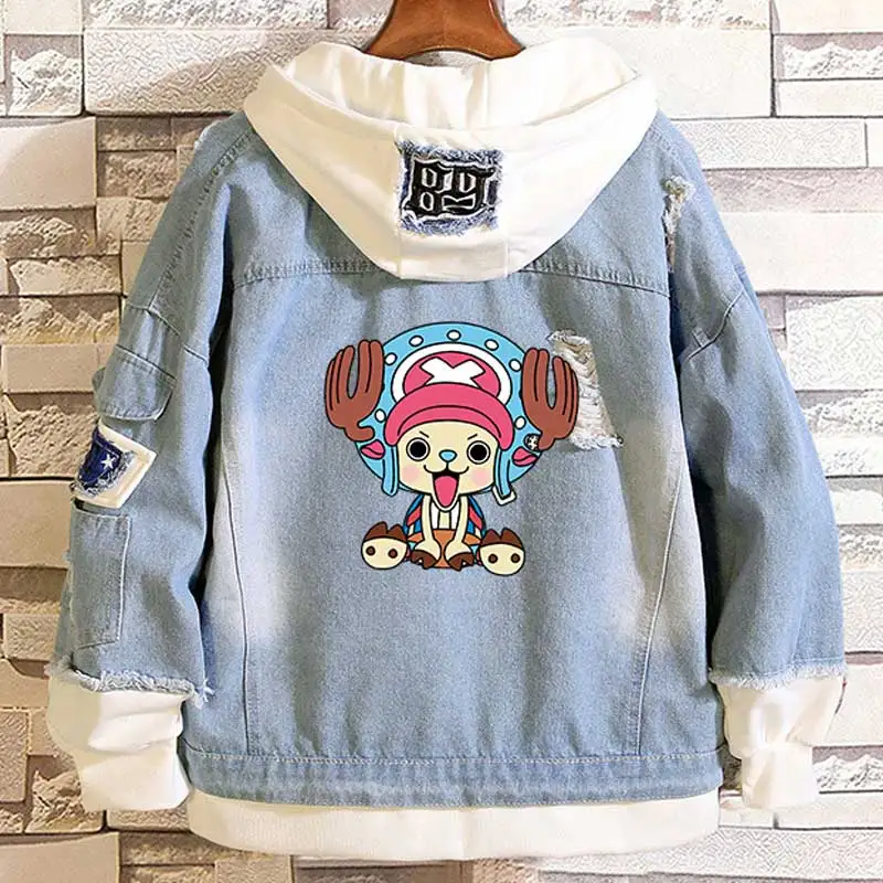 

Anime One Piece Pirate Luminous Tony Chopper Casual Layered Denim Jackets Frayed Rib Sleeve Hooded Jean Jacket Loose Cowboy Coat