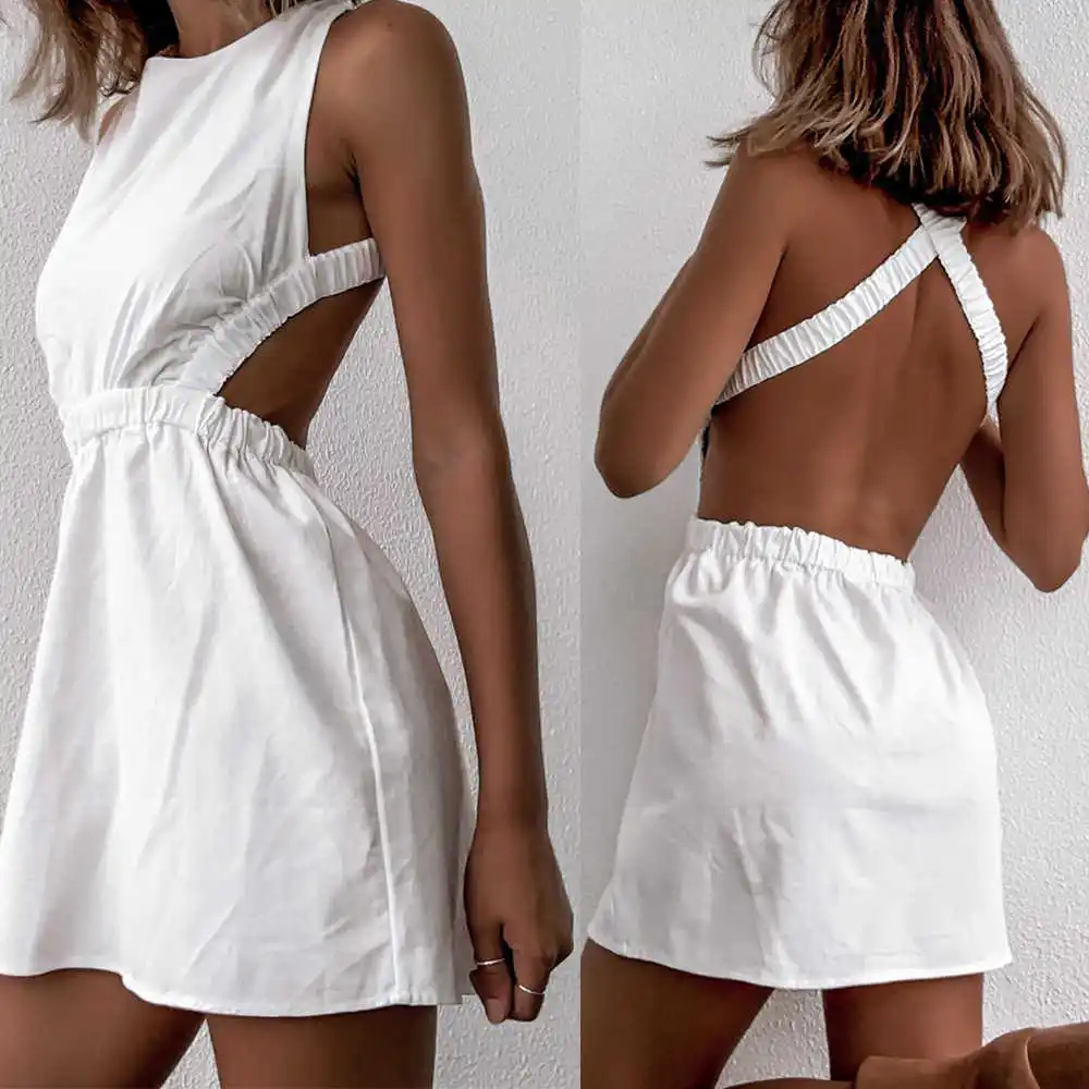 

Summer Women Summer Dress Sexy Bow Backless V-neck Mini Beach Dresses Sleeveless Mini Ruffle White Summer Beach Dress