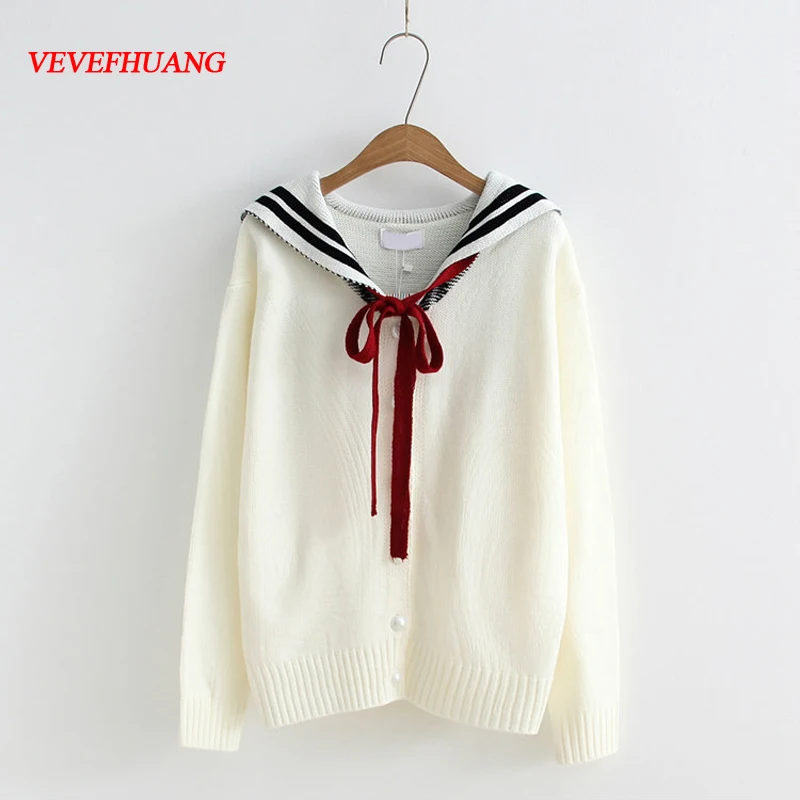 Японский осенне зимний новый женский свитер темно синий воротник с длинными