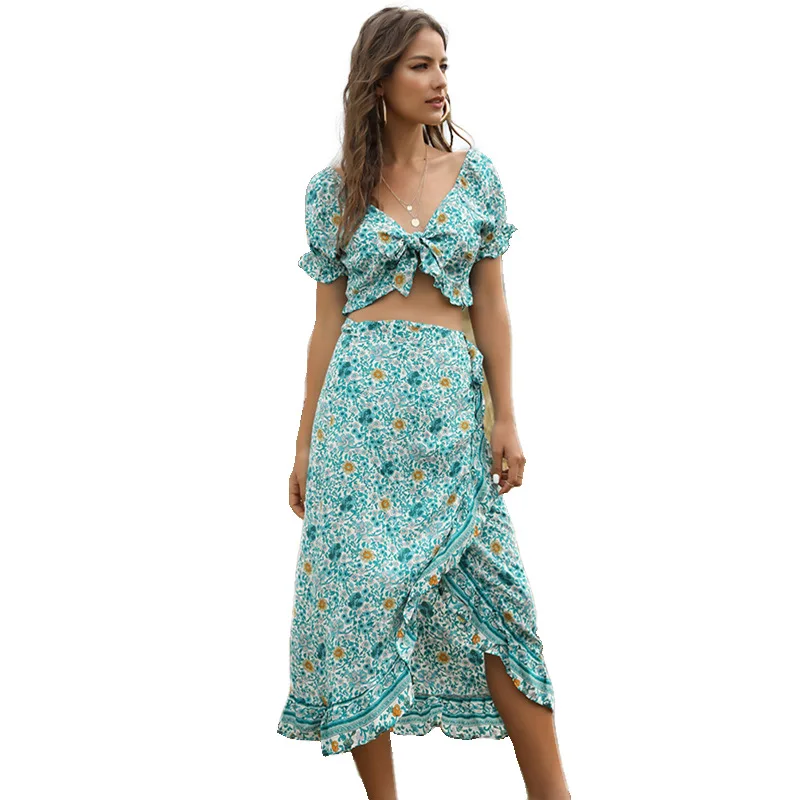 

print bohemian dress summer women two piece outfits short sleeve bandage sexy top + irregular ruffle holiday loose dress womens