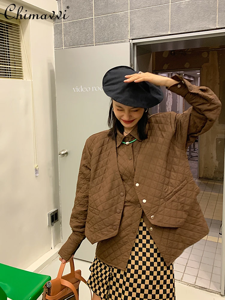 

Rhombus Cotton Padded Jacket for Women 2021 Winter Korean Style False Two Piece Parkas Female Long Sleeve Casual Coat