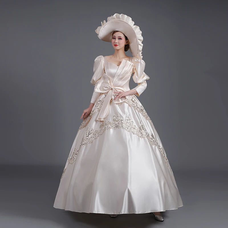 

Champagne Revolutionary Wedding Bridal Dress Early Victorian Ball Gown Women Reenactment Theater Costumes