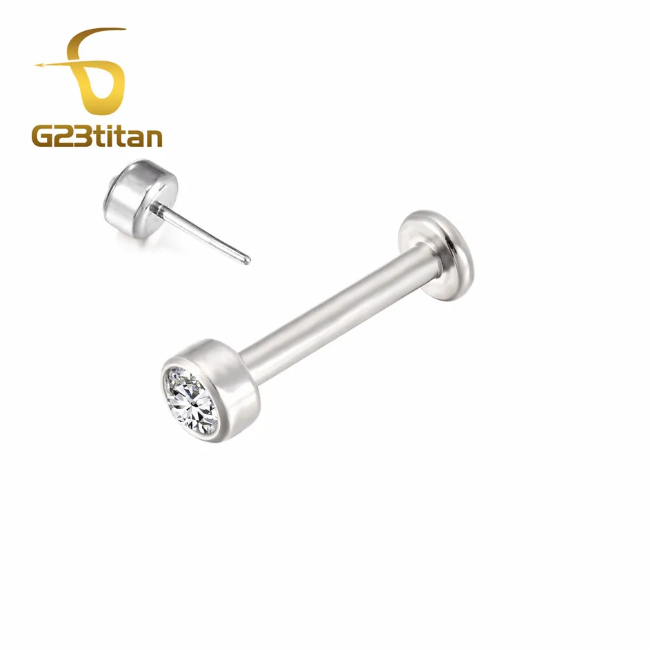Серьги гвоздики из титана G23titan для пирсинга губ прокола 16 г с фианитом 3 мм