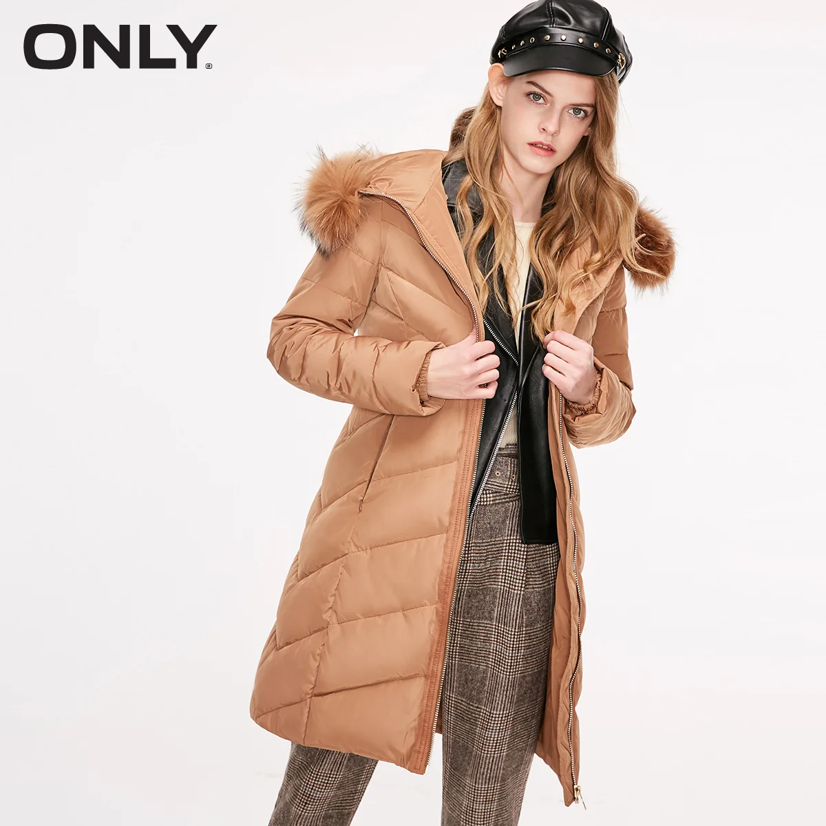 Только для женщин отбеленный Slim Fit енота меховой воротник длинный пуховик пальто парка | 118312526 - Цвет: TOASTED COCONUT