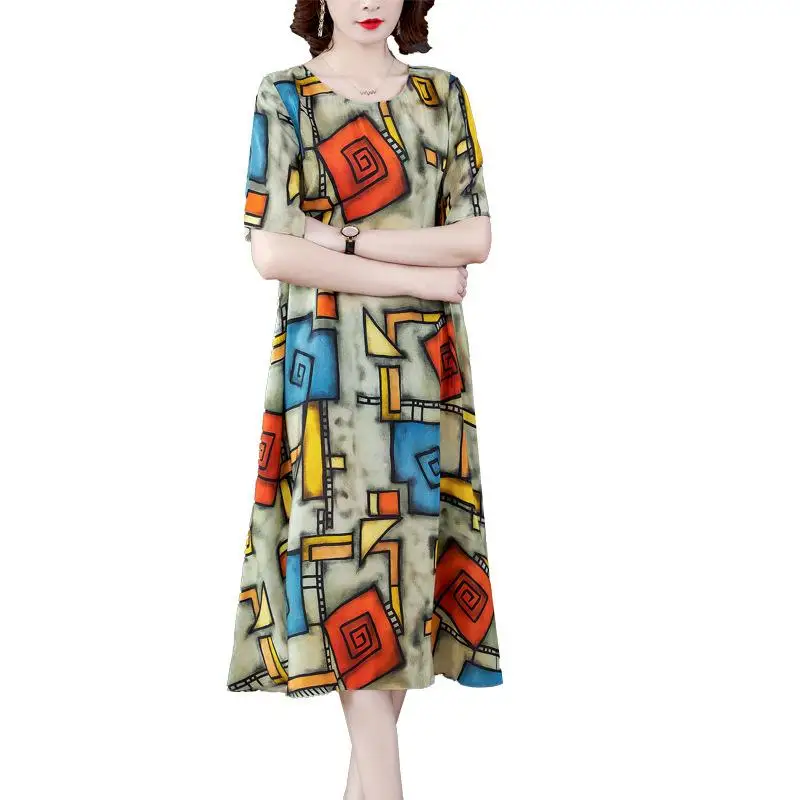 

COCOEPPS 4xl Large Size Printing Silk Dress Plus Size Women Summer Dress 2020 Short Sleeve Vintage Dress Midi Big Size vestidos
