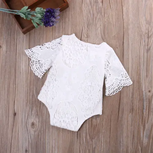 

Pudcoco 2020 Summer 0-24M Infant Baby Girl Lace Floral Flared Short Sleeve Bodysuit Solid Color Outfits Jumpsuit Clothes