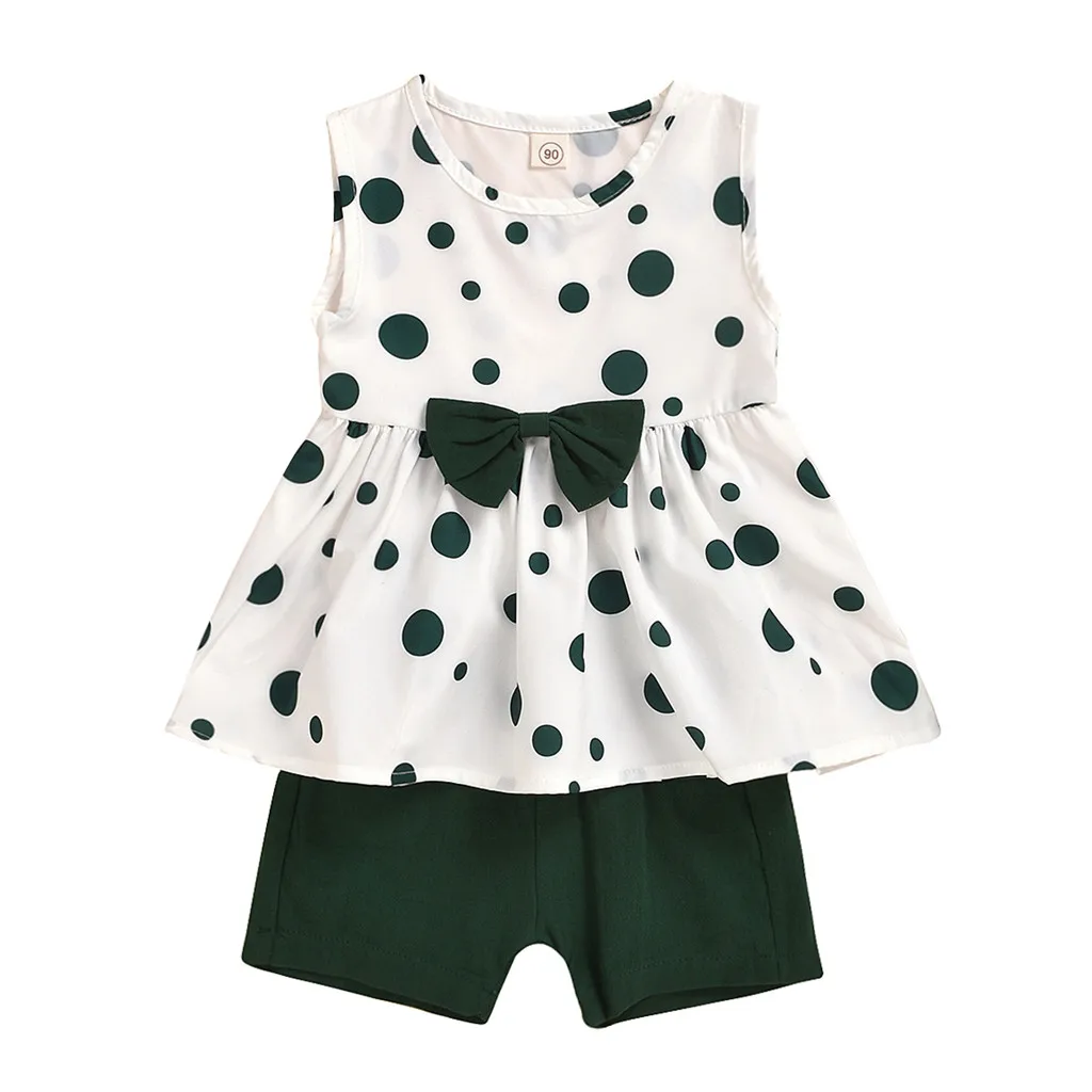 Топы без рукавов в горошек с бантом для маленьких девочек + однотонные шорты