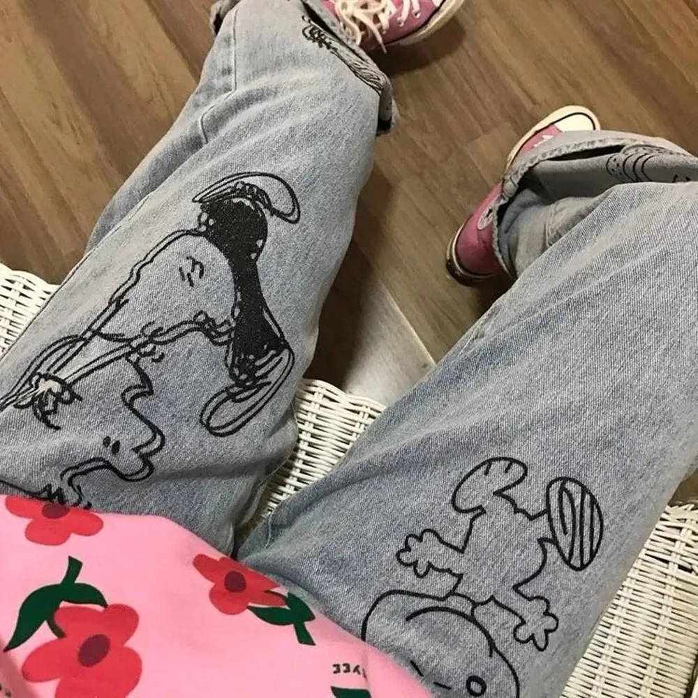 

Fashion Girls Cartoon Print Straight Leg Jeans Fall Korean Style Light Color Loose BF Style Wide Leg Pants