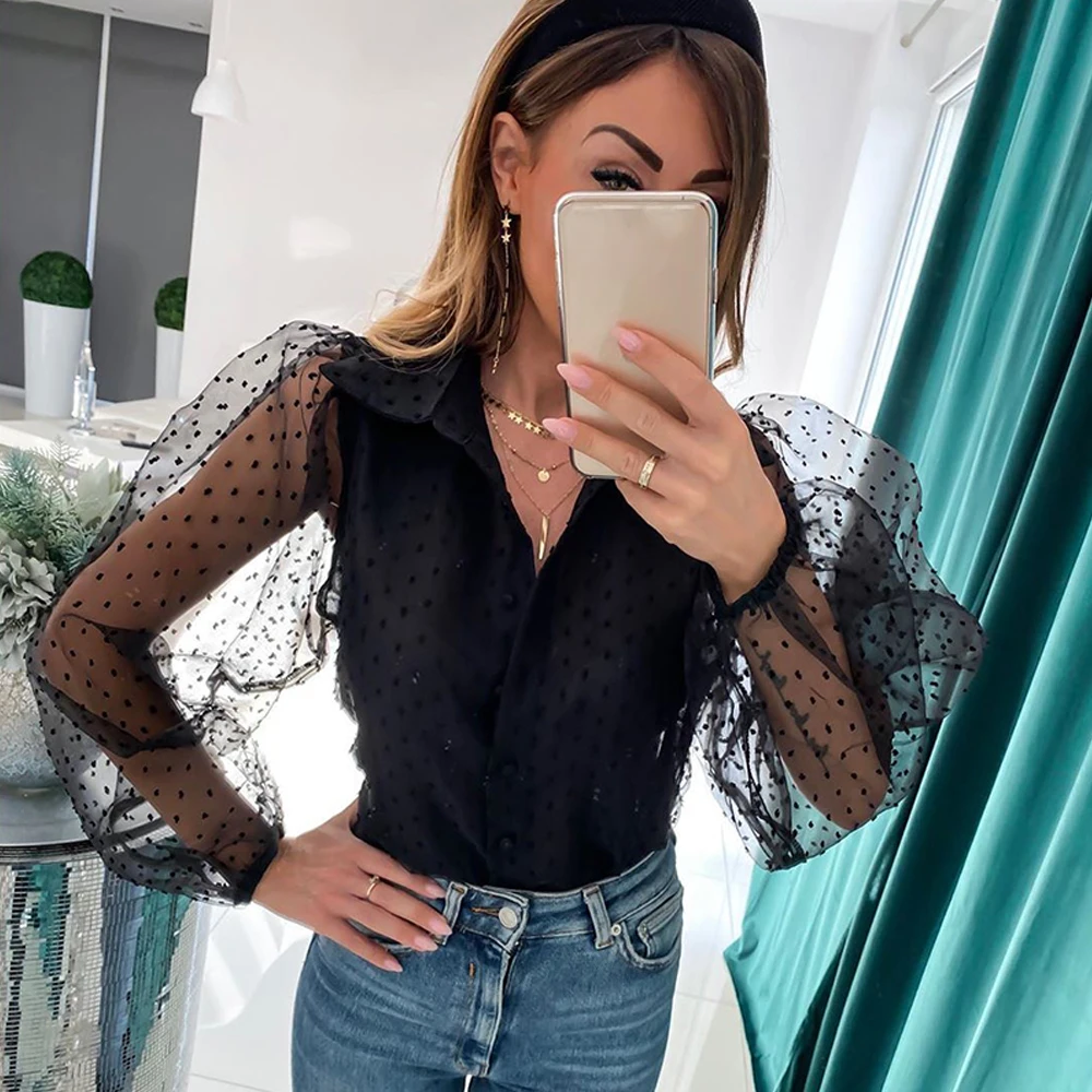 Сексуальная сетчатая прозрачная рубашка Женская винтажная Повседневная