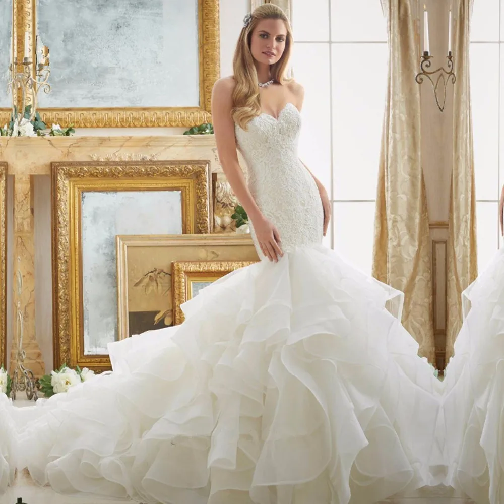 

Vestido de Noiva Sereia 2018 Fashion Mermaid Organza Ruffles Sweep Train bridal Gown Lace Buttons mother of the bride dresses