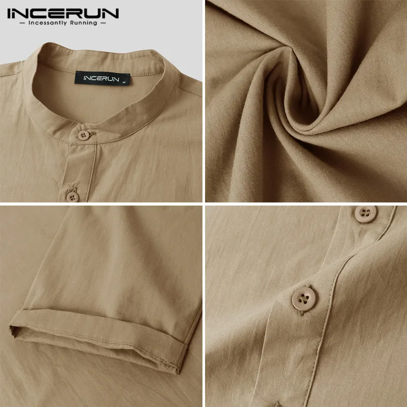 

INCERUN Men Muslim Shirt Cotton Long Sleeve Solid Color Stand Collar Button Long Tops Men Vintage Dubai Islamic Arabic Kaftan