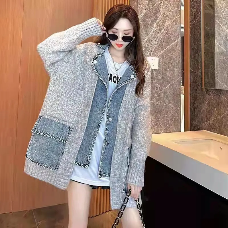 

VANOVICH Autumn 2022 Women's New Knitted Patchwork Denim Jacket Loose Cardigan All-match Sweater Oversize Cardigan