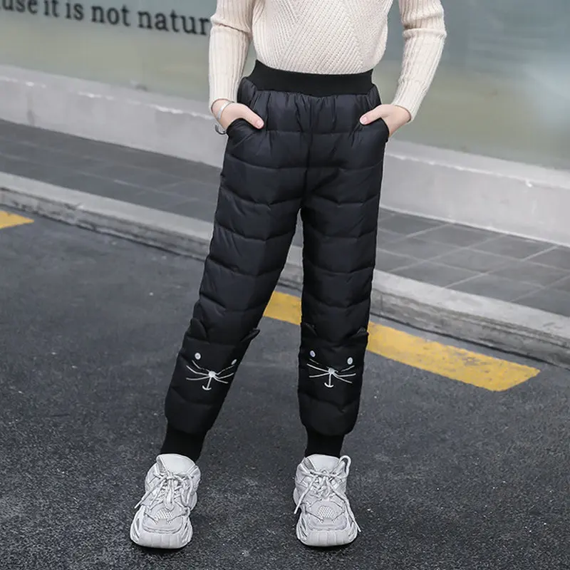 

2021 Russian Winter Kids Girl Waterproof Warm Cotton Padded Down Pants Clothes Teen Child Windproof Cat Baby Trousers 3 10 12Y