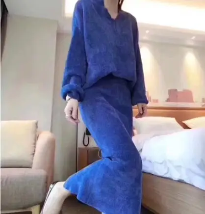 Blue V-neck Для женщин Трикотажный костюм с принтом, комплект из двух предметов сочетающаяся юбка комплект одежды Костюмы для женская одежда конъюнкт де Mujer ансамбль женский - Цвет: Blue V-neck