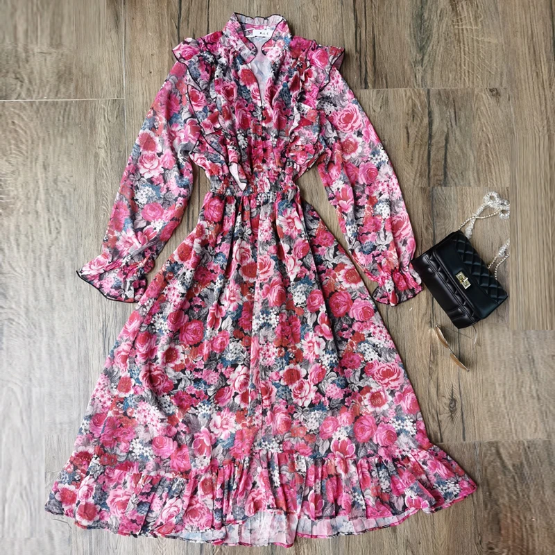 

High Quality Bohemian Ruffled Lantern Sleeve Long Dress Vestidos De Fiesta For 2021 Women Vintage Floral Print V-Neck Maxi Dress