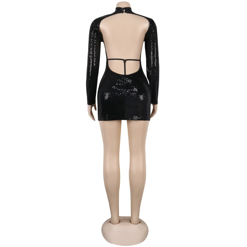 

Sexy Sequins Turtleneck Mini Dress Women Backless Party Club Dress Lace Up Bodycon Long Sleeve Short Dress Hollow Out Vestidos