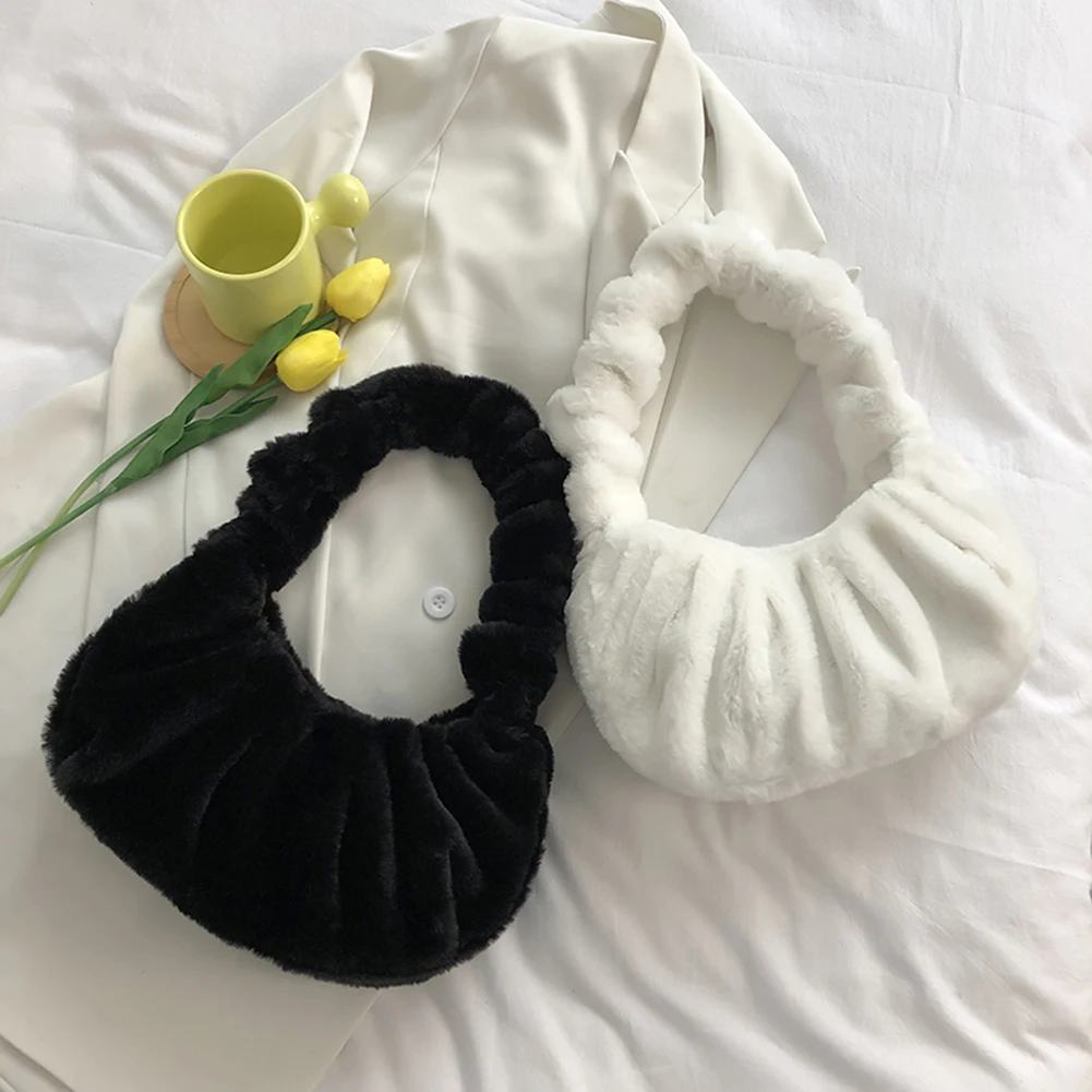 

Women Plush Pleated Shoulder Bags Solid Color Shoulder Underarm Bag Vintage Women Small Cloud Autumn Winter Handbag Purse