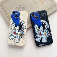 cartoon space astronaut telescope phone case for iphone 13 12 11 pro max xs x xr 7 8 plus se 2 square liquid silicone soft cover