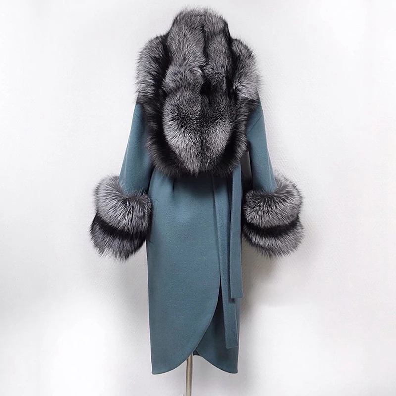 

120cm Long Winter Fashion Real Silver Fox Fur Wool Blend Coats Women Warm Overcoats Natural Fox Fur Cashmere Wool Overcoat Warm