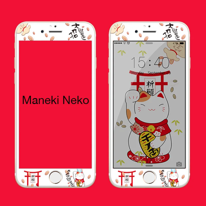 Maneki Neko Милый мультфильм закаленное стекло для iPhone 7 8 Защитная пленка для экрана для iPhone 7 8 Plus Защитная пленка для экрана 3D мягкая твердость края - Цвет: Maneki Neko