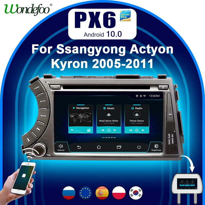 PX6 магнитола 2 din android 10 с экраном автомагнитола для Ssang yong Ssangyong Actyon Kyron 2005 2011