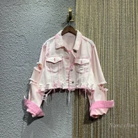 orange denim jacket for women 2021 spring and autumn new ripped loose burrs large size casual pink jean coat short loose