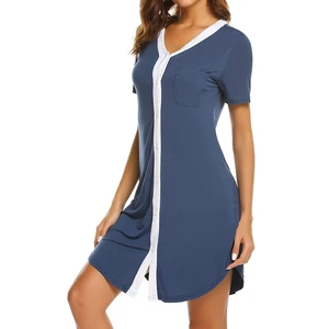 Women Nightgown Short Sleeve V Neck Sleepwear Nightshirt Ladies Button down Casual Nightdress