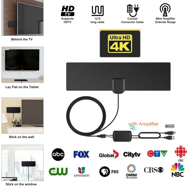 HD Digital TV Antenna Support 4K 1080P VHF UHF Freeview Local Channels With Detachable Amplifier Signal Booster 12ft Coax Cable |