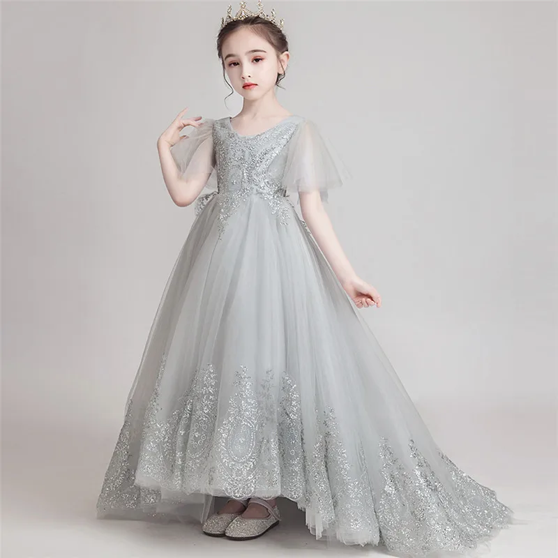 

Роскошное вечернее платье с блестками для девочек, роскошное длинное платье принцессы с хвостом для вечеринки в честь Дня Рождения, детские...