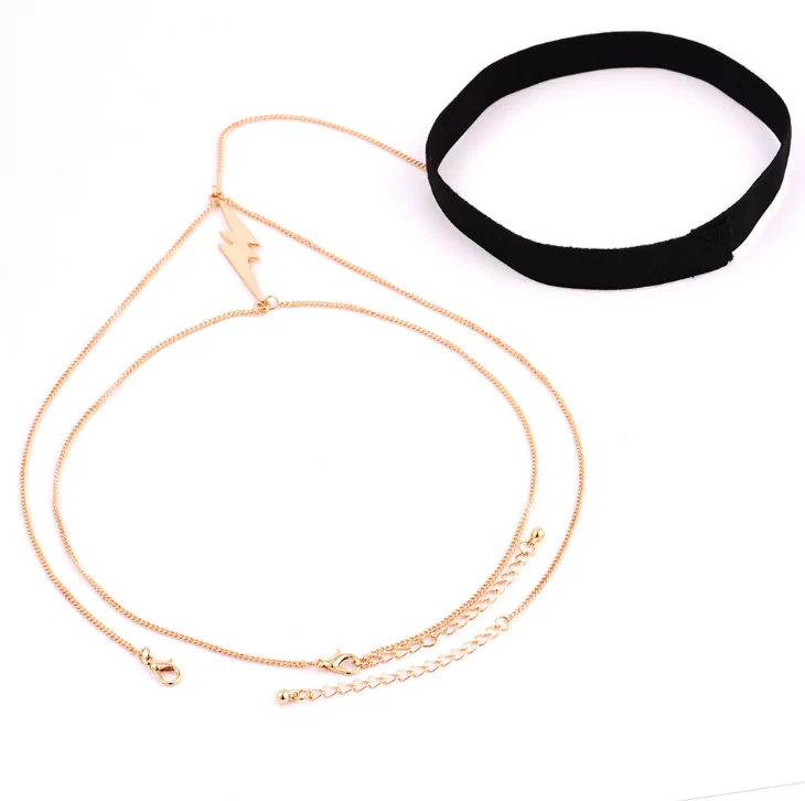 Панковская цепочка с кулоном молнией двойной слой золото серебро кожа до бедра