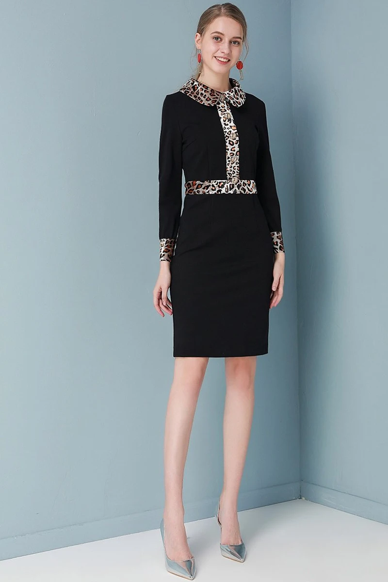 Red RoosaRosee Designer Women Spring Autumn Vintage Wrist Sleeve Leopard Black Mini Dress Elegant Party Vestidos Lady Robe Femme
