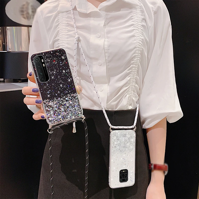 With Neck Strap Clear Glitter Case For Xiaomi 11T Mi 11 10T Lite Poco X3 NFC M3 M4 F3 Redmi Note 10 5G 9 9s 8 Pro 9T 11s Cover