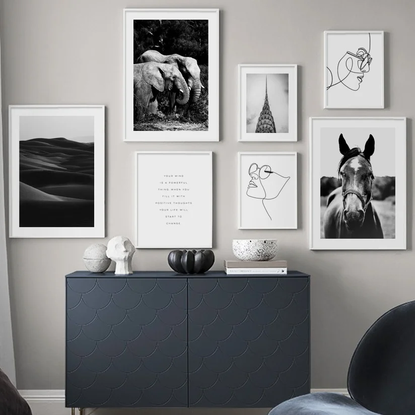 

Black White Elephant Horse Desert Abstract Vintage Nordic Poster Wall Art Print Canvas Painting Wall Pictures For Living Room