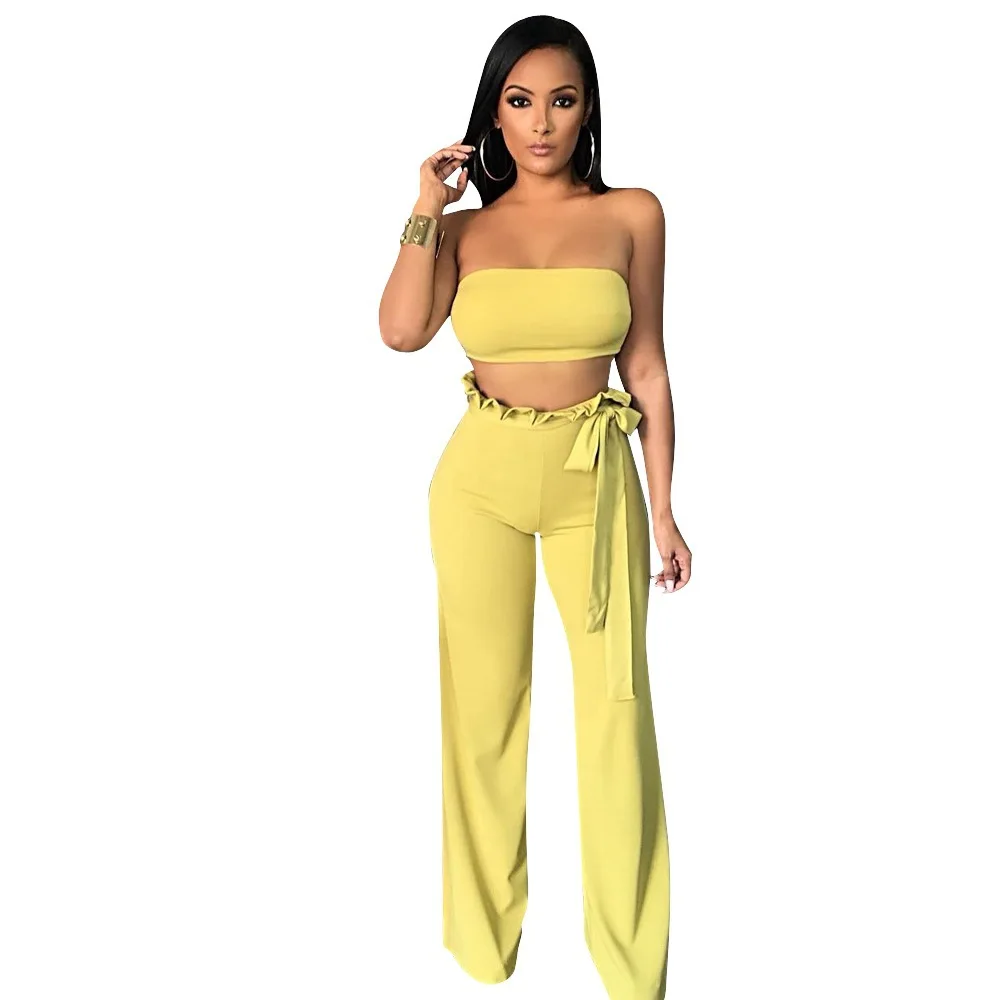 

Sexy Crop Top and Pants Two Piece Set White Yellow Ruffles Wide Pants with Belt Matching Sets Summer African Clothes for Women