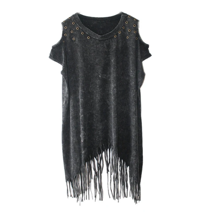 

Europe 2019 New Summer Fashion WOmen Short Sleeve Off the Shoulder T-shirt Tassel O-neck Loose Pullover Tees