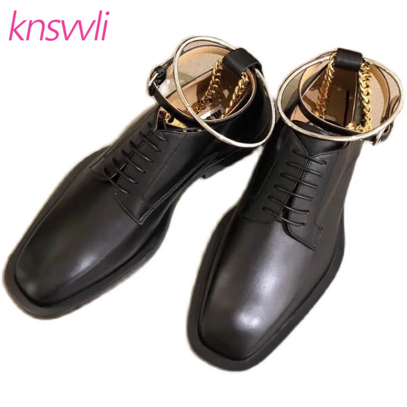 Туфли женские с металлическим кольцом и цепочкой лоферы ремешок на щиколотке