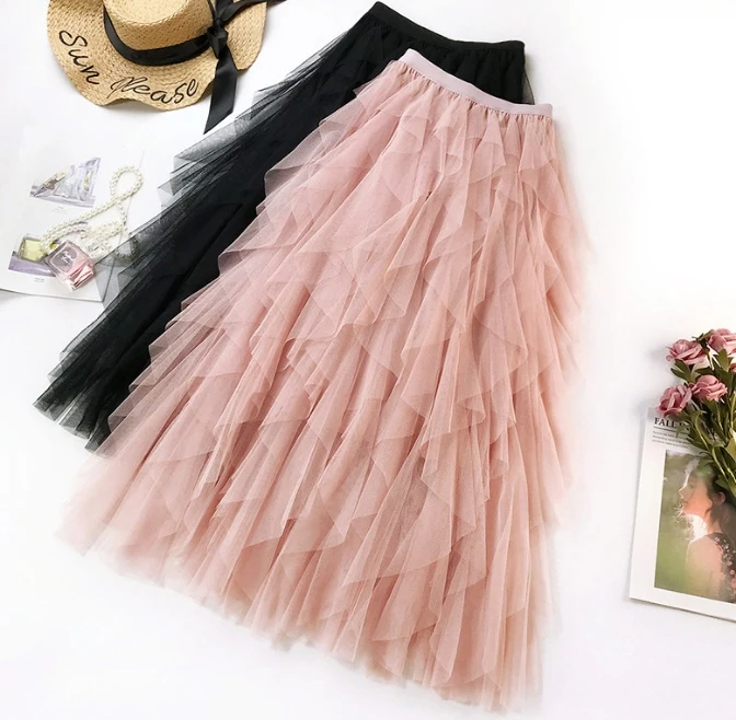 

Модная женская длинная юбка в стиле бохо, женские пляжные юбки с высокой талией и оборками, розовая юбка из тюля, юбка миди, юбки