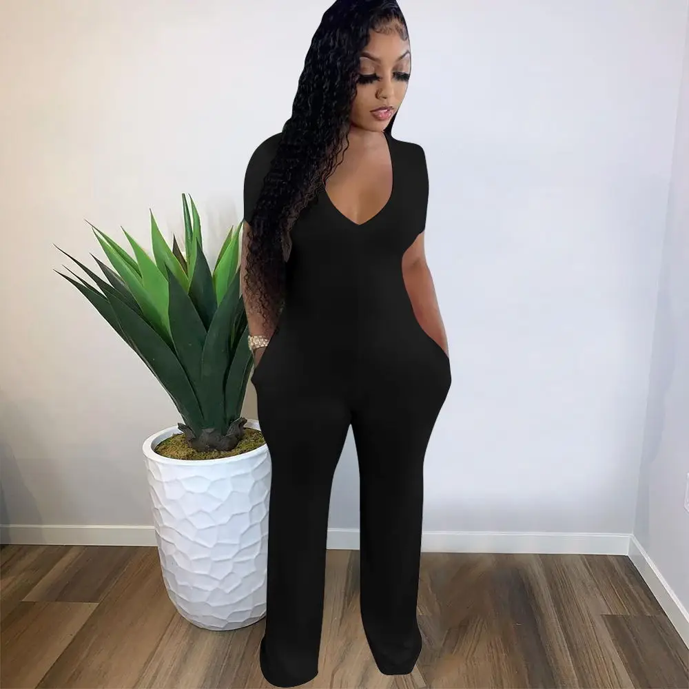 Sexy Short Sleeve Slim Jumpsuit V Neck Birthday Party Outfits for Women Summer Clothing Pocket One Piece Club Rompers