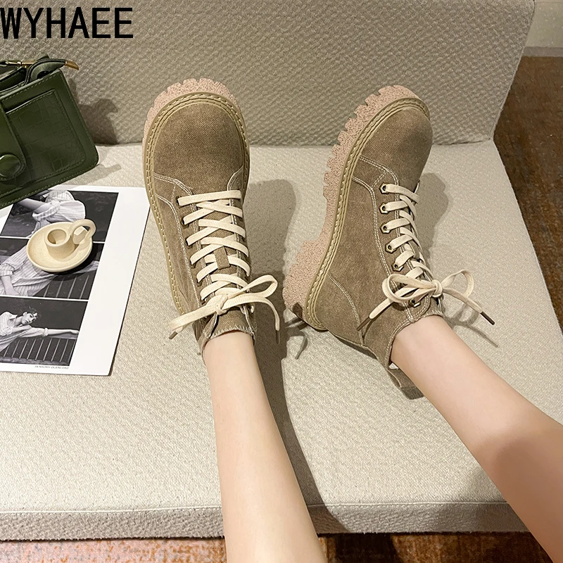 

2021 Spring New Fashion Non-slip Female Front Lace Short Tube Thick-soled Riding Boots All-match Lightweight Sexy Women's Shoes