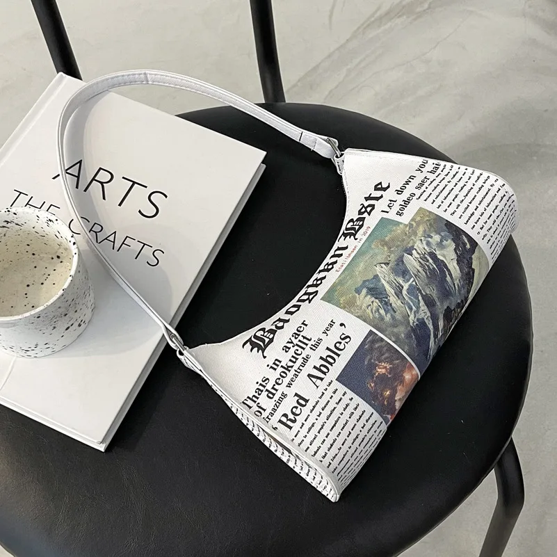 

Newspaper Print Underarm Shoulder Bag Women Soft Pu Leather Female Luxury Half Moon Handbags Ladies Crossbody Purse Sac A Main