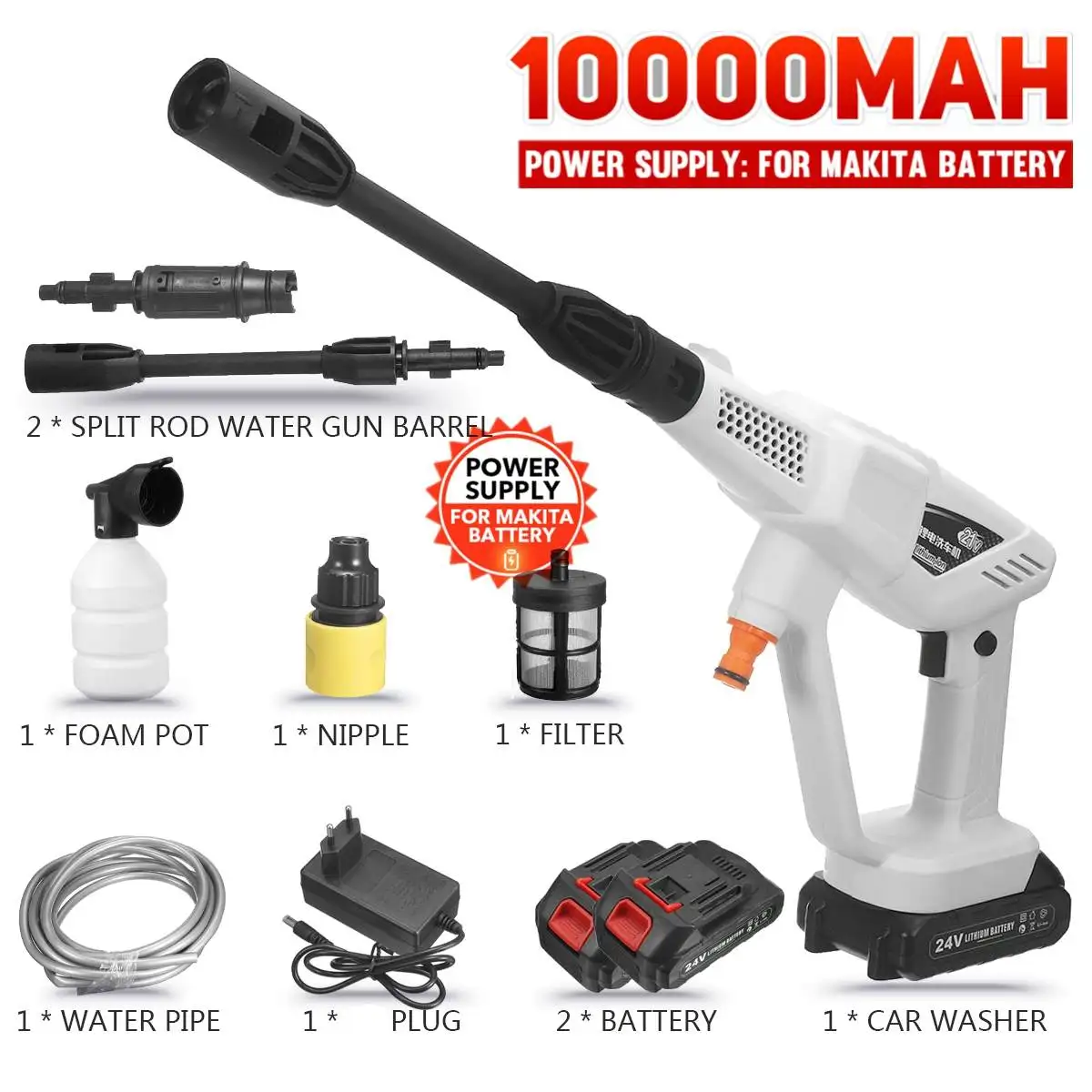 

60Bar 1500W Car Washer With Battery High Pressure Self priming Car Wash Water Gun Foam Generator For car washing For Makita