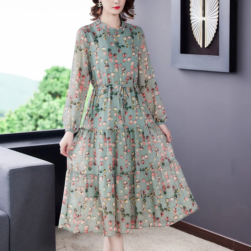 

Chikichi Office Lady Vintage Chiffon Dress Women Spring 2021 New Long Casual Temperament Plus Size Polka-dot Printed Dress