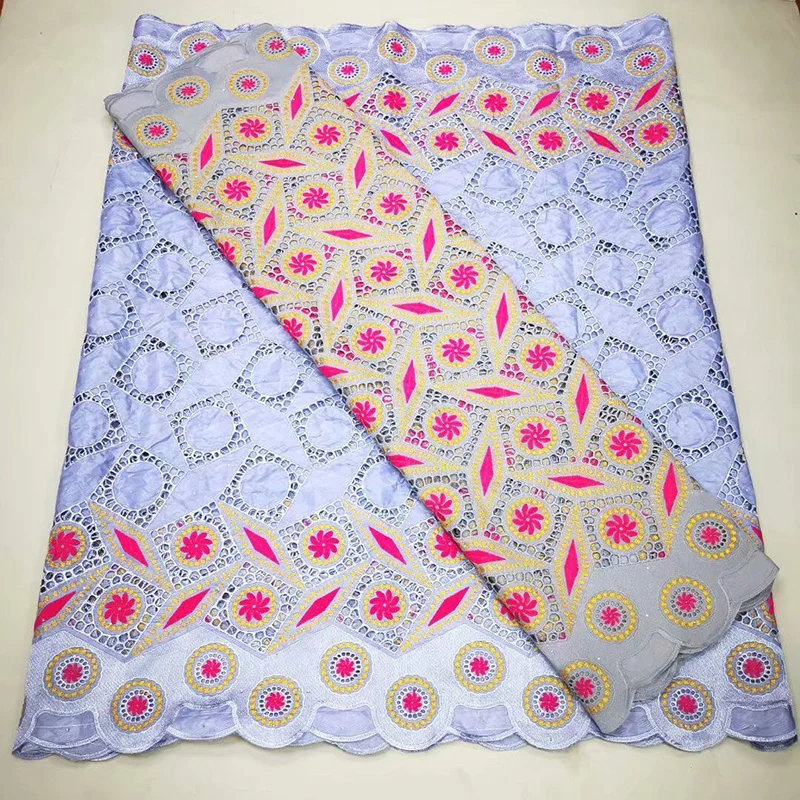 

Swiss Voile Lace bazin riche lace fushia flowers and diamond yellow circles pattern 2.5+2.5 yards with stone YCX2 Cotton Fabric