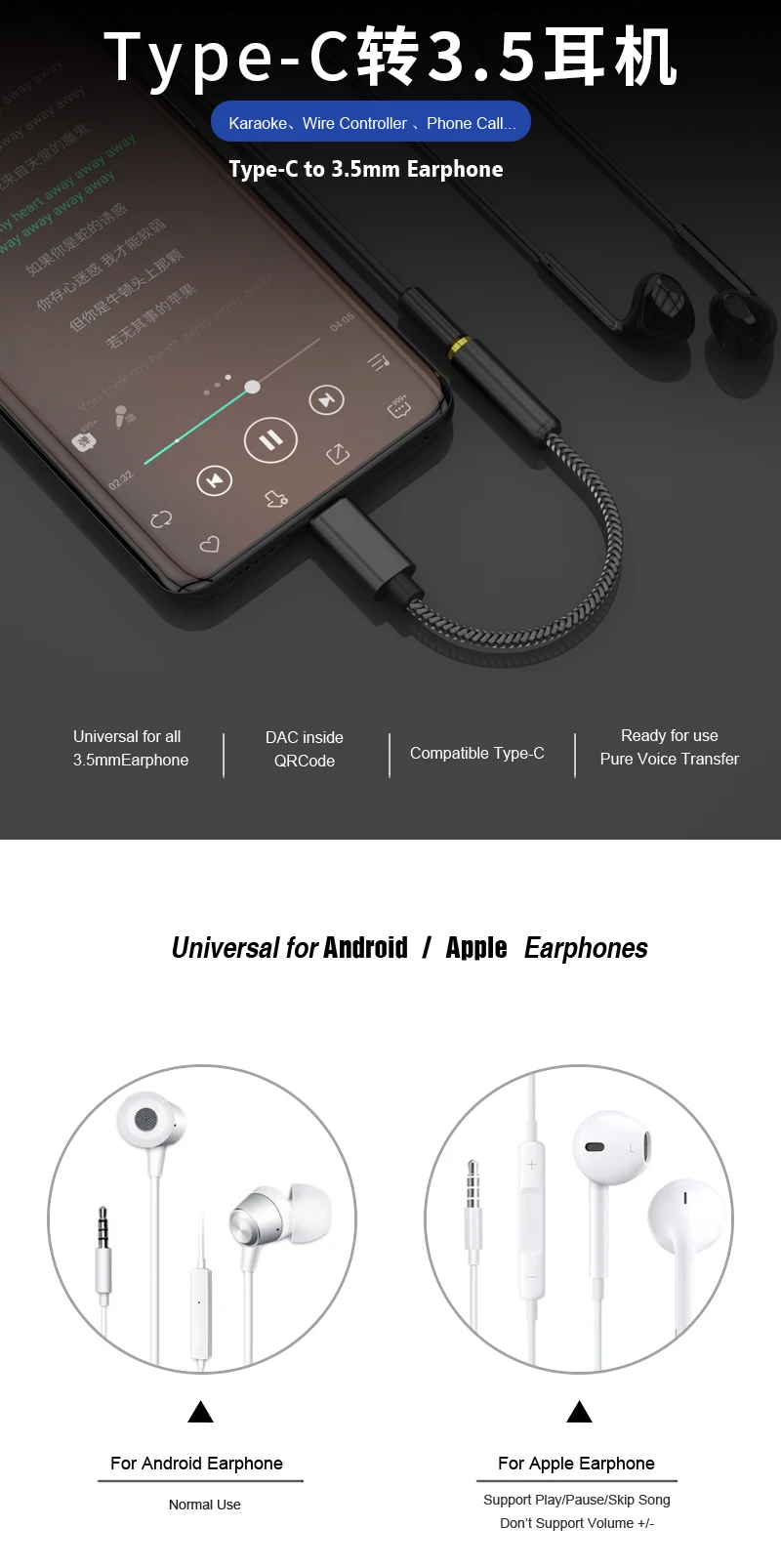 Аудио кабель типа C USB C AUX адаптер с интеллектуальным IC, внешний 384 кГц ЦАП равен звуковой карте для ваших телефонов