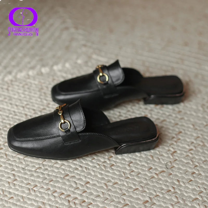

Summer Women Sandals Close-Toes Low-Heels microfiber-Leather Metal-jewelry Women Slipper Casual Comfort Slip-On Loafer Plus Size